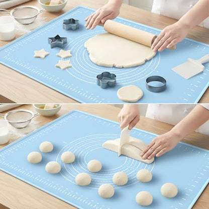 28x20 Silicone Rolling Mat Non-Stick Food Grade Baking Mat w/Measurements | Non-slip edges, heatproof silicone, nonstick, measuring guides, oven/dishwasher safe, tearproof, easy clean.
