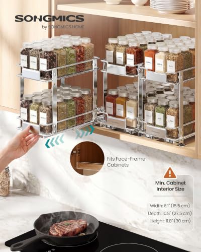 SONGMICS 2 Tier Pull Out Spice Rack for inside Cabinets, Steel | Spice Organizer, Slide Out Cabinet Organizer, for Kitchen Cabinet Storage, Silver UKCS117E101