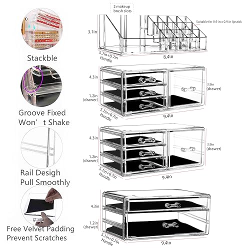 Cq Acrylic 4 Pack Clear Makeup Storage, Stackable 10 Drawer Organizer for Vanity, Jewelry, Hair Clip, Beauty & Skincare Products