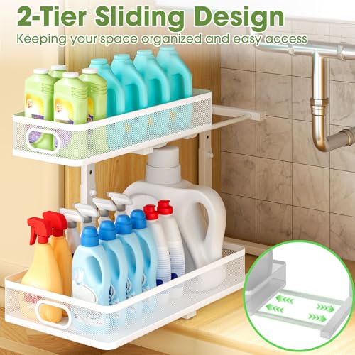 Under Sink Organizer 2-Pack, Metal 2-Tier Pull-Out Cabinet Shelf with Slide-Out Mesh Drawers, Height Adjustable, Space-Saving Under Sink Storage Racks for Kitchen, Bathroom, Laundry Room, White