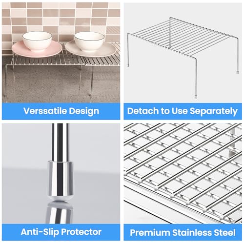Tomorotec Expandable Kitchen Cabinet Organizer Stainless Steel Shelf Silver | Adjustable from 12.8 to 22.8 Inches Rustproof with Anti-Slip Feet for Pantry Bathroom Closet and Countertop Organization