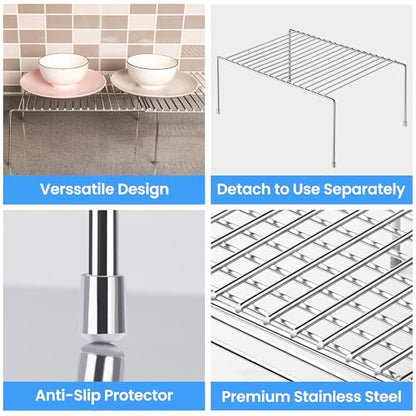 Tomorotec Expandable Kitchen Cabinet Organizer Stainless Steel Shelf Silver | Adjustable from 12.8 to 22.8 Inches Rustproof with Anti-Slip Feet for Pantry Bathroom Closet and Countertop Organization