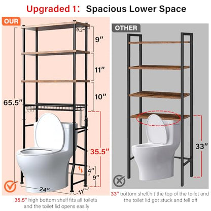 Over-The-Toilet Storage Shelves, 4-Tier Bathroom Organizer Shelf Over Toilet with Adjustable Feet Pad and Basket, Freestanding Space Saver Bathroom Storage Rack Above Toilet (Vintage Brown)