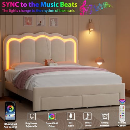 Full Upholstered LED Bed Frame with 2 Storage Drawers and Adjustable Chic Double Wavy Headboard, Velvet Princess Platform Bed with Charing Station, Solid Wood Slats Support,No Box Spring Needed,Beige