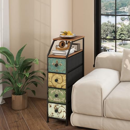 Narrow Dresser Tall Skinny Storage Tower Vertical Slim Chest of Drawers with Charging Station Small Nightstand Side Table for Bedroom, Bathroom, Small Spaces (Retro Flower, 4 Drawers)