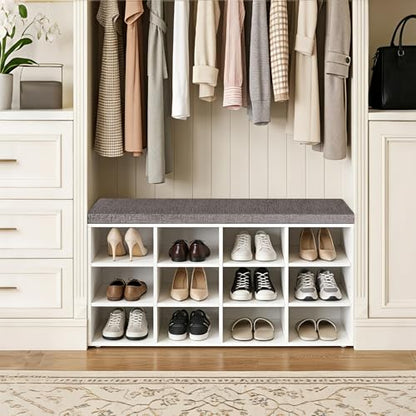 Shoe Storage Bench with Cushion, 40.9" Cubby Shoe Rack, 12-Cubby | Entryway Shoe Organizer Bench, Adjustable Shelves for Boots, Removable Washable Cushion, Closet/Hallway/Bedroom/Garage, White