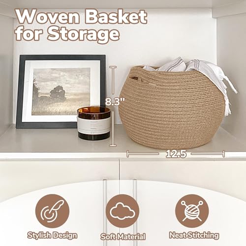 Goodpick Round Small Wicker Storage Basket for Shelves, 10" x 8.3", Jute | Woven Baby Basket with Handles，Decorative Gift Basket, Fits Living Room Nursery Toys & Towels Storage, Plant Baskets Indoor