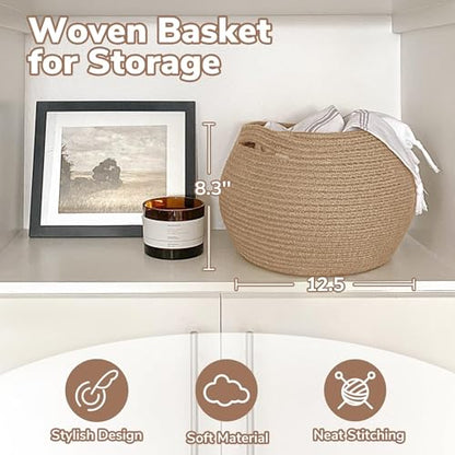 Goodpick Round Small Wicker Storage Basket for Shelves, 10" x 8.3", Jute | Woven Baby Basket with Handles，Decorative Gift Basket, Fits Living Room Nursery Toys & Towels Storage, Plant Baskets Indoor