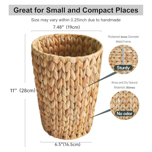 Coeusy Wicker Trash Can,Small Bathroom Trash Can,Water Hyacinth Wicker Waste Basket for Bathroom,Boho Waste Basket for Bedroom,Home Office,Compact Spaces(2 Gallon Round)