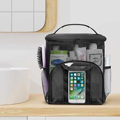Mesh Shower Caddy Portable Dorm Room Essentials, Toiletry Tote Bag | Quick Dry, Large Capacity Haning Shower Bag for College Dorm Room Essentials for Boys and Girls for Bath Camping (Black)