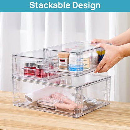 Vtopmart Clear Stackable Storage Drawers, 3 Pack Wide Organizer Set | Wide and Small Pull-Out PET Drawers with Stackable Design for Bathroom Organization, Cabinets, Closets, Pantry and Medicine