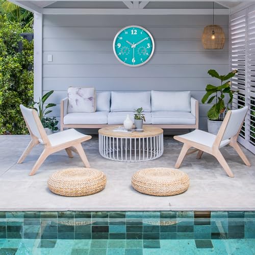 Outdoor Clock Waterproof with Thermometer and Hygrometer Combo 12 Inch Blue | Outdoor Metal Aluminum Frame Wall Decor Garden Patio Pool