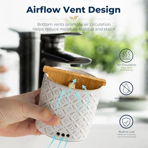 Toothbrush Holders, Ceramic Electric Toothbrush & Toothpaste Holder | Detachable 3 Slots Tooth Brush Cup with Drain Holes & Bamboo Divider, Makeup Brush Storage Holder for Bathroom, Family, Kids