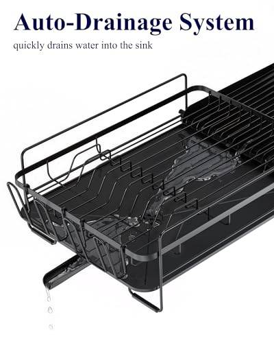 Kitsure Extendable Dish Drying Rack, 19.2"-26.7" L x 12.9" W, Black | Large Dish Rack, Multifunctional Dish Rack for Kitchen Counter, Anti-Rust Dish Drainers with Cutlery & Cup Holders