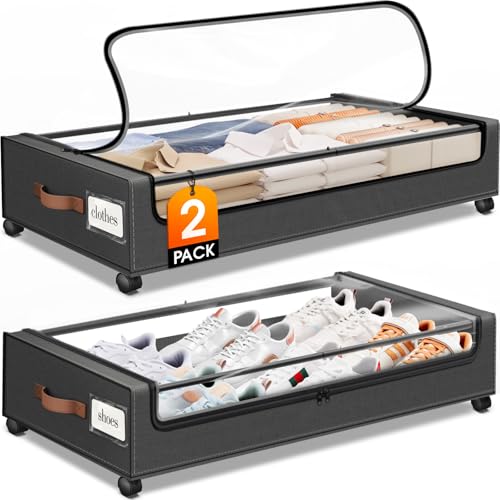 Under Bed Storage with Wheels 2Pack Storage Containers with Clear Window | Under Bed Drawers Rolling Under Bed Storage for Clothes,Shoes, Blankets (30.71 x 16.93 x 6.69 in, Dark Grey)