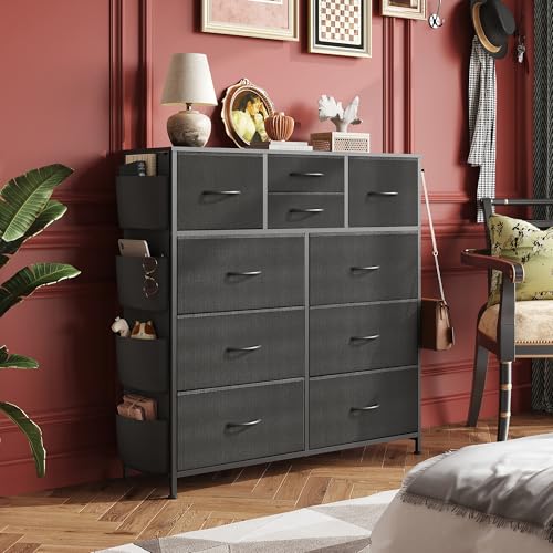 WLIVE 10 Drawer Black Fabric Dresser for Bedroom, Side Pocket & Hooks Chest | Fabric chest of drawers, steel frame, side pockets & hooks. Sleek modern storage for bedroom, closet, living room.