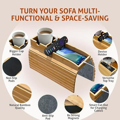 Magnetic Bamboo Couch arm tray - 3 in 1 Detachable Bamboo Sofa Arm Tray Table with Cup Holder - Foldable Non Slip Couch Armrest Table For Remote, Cell-Phone & Drinks, Snacks – Space-Saving,17.6"x13.3"