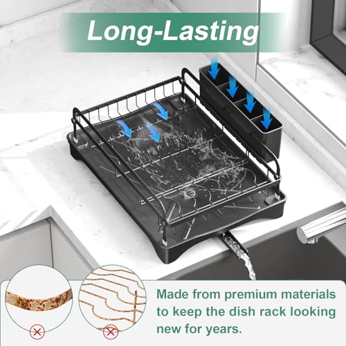 Dish Drying Rack for Kitchen Counter, Large Dish Drying Rack with Utensil Holder & Cutlery Tray, Dish Drainer with Drainboard, Black
