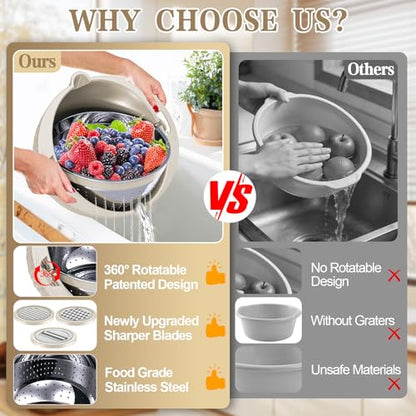 4-in-1 Colander with Bowl Set — Patented 360° Rotatable Strainer Bowl with 3 Graters, Snap-On Lid & Non-Slip Base, Funny Kitchen Present for Women, Aesthetic Pasta Fruit Vegetable Strainer (Beige)