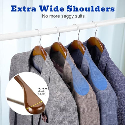 HOUSE DAY Wide Shoulder Wooden Hangers, Suit Hangers with Non Slip Pants Bar, Smooth Finish 360° Swivel Hook Solid Wood Coat Hangers for Dress, Jacket, Pants, Heavy Clothes Hangers 6 Pack (Walnut)