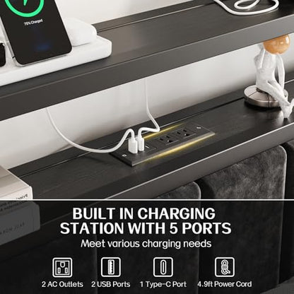 OLEVS King Bed Frame with Charging Station & LED Lights, Modern Platform Bed with Upholstered Storage Headboard, No Box Spring Needed Noise Free