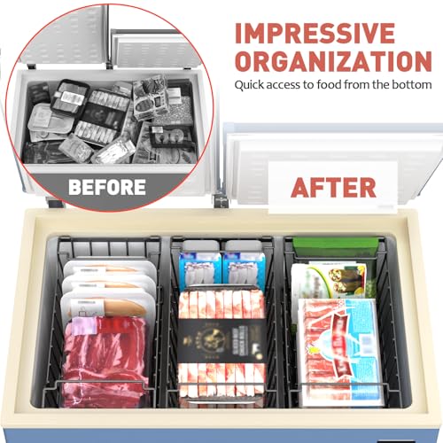 Freezer Organizer Bins for 3.5-7 Cu.FT Chest Freezer, 4 Pack Black | Foldable Handle Stackable Freezer Baskets, Coated Metal Freezer Storage Bins with Better Space Utilization, Deep Organization