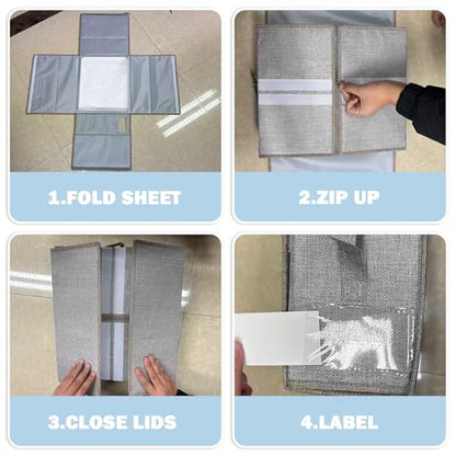 4 Pack Bed Sheet Organizer for Linen Closet, Foldable Sheet Organizers and Storage Containers with Window & Label, Bedding Storage Organizer for Sheets, Duvet Covers, Blankets, Grey