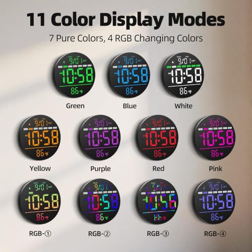 Maxstar Led Digital Wall Clock RGB, Battery Operated, Living Room Decor | 5-Level Brightness Digital Clock: Timer, Sec, Temp, Date, Auto DST, Nightlight, Alarm, Ideal for Class, Bed, Garage, Gym