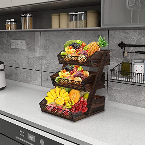 Dorhors Fruit Basket for Kitchen Counter Organizer,Fruit Bowl Stand Storage | 3 tier Rustic Brown Vegetable Holder,Wood Bread Display Rack,Kitchen Countertop Organizer Shelf for Snack,Onion,Banana,Potato