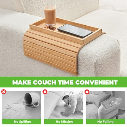 Bamboo Sofa Arm Tray, Anti Falling Couch Arm Tray Table, Foldable Couch Armrest Table, Portable Sofa Armrest Trays Cup Holder for Drink, Cups, Phone, Snacks, Remote