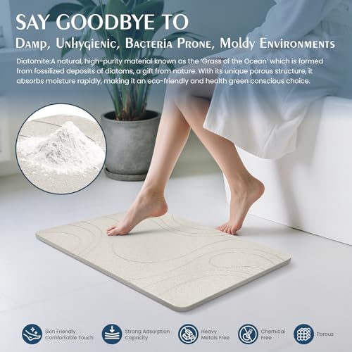 Stone Bath Mat Quick Dry Diatomaceous Earth Bath Mat Non-Slip Shower Stone Bathmat Super Absorbent Water Diatomite Bathroom Floor Pad, Natural, Esay to Clean, 23.6 x 15.4 (Flow Line-Beige)