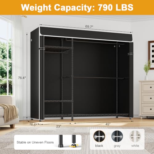 Clothes Rack with Cover Covered Clothing Racks for Hanging Clothes | F7C Plus Heavy Duty Garment Rack, Adjustable Shelves and Rods Max Load 790 Lbs, Black Portable Closet Rack with Black Cover