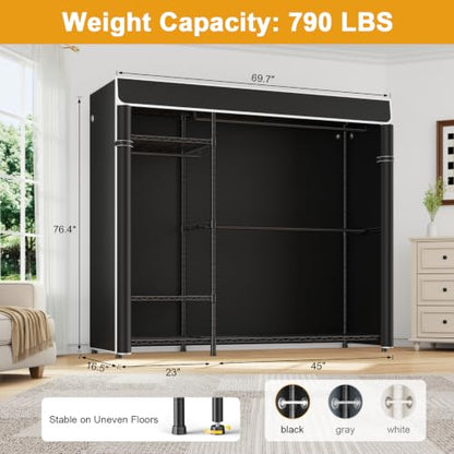 Clothes Rack with Cover Covered Clothing Racks for Hanging Clothes | F7C Plus Heavy Duty Garment Rack, Adjustable Shelves and Rods Max Load 790 Lbs, Black Portable Closet Rack with Black Cover