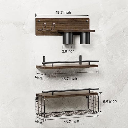 Bathroom Floating Shelves with Hair Dryer Holder - Wall Mounted Wood Wall Shelf with Blow Dryer Storage Over The Toilet - Set of 3 Rustic Brown Farmhouse Decor