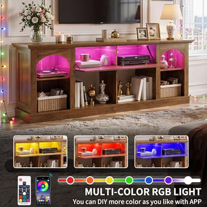YITAHOME Farmhouse TV Stand with LED Lights for Living Room, Walnut | 70 inch Entertainment Center with Flip-Down Carved Door, Media Console for 75/80 Inch TV, Adjustable Shelf & Open Storage