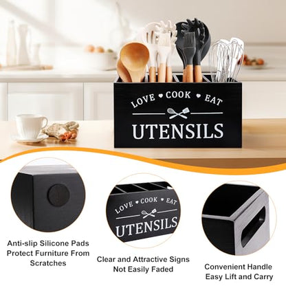 Black Extra Large Wood Cooking Utensil Holder Kitchen Spatula Spoon Holder | Wooden Utensils Caddy for Kitchen Countertop Organizer Rustic Decor Kitchen Counter Tool Holder Farmhouse Utensil Crock
