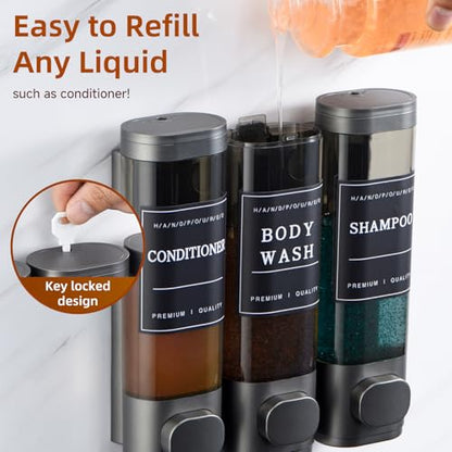 Shampoo and Conditioner Dispenser,Shower Soap Dispenser 3 Chamber No Drill Wall-Mounted Shampoo Dispenser for Shower Wall Mounted Shower Dispenser for Bathroom Hotel Large Capacity,Dark Gray1