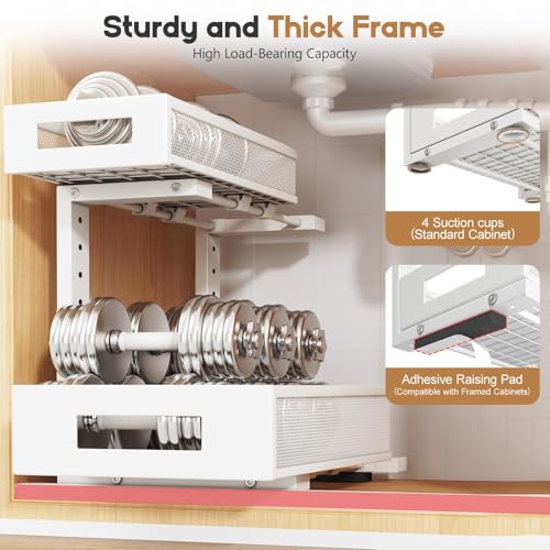 2-Pack Under Sink Storage Organizer, Large 2-Tier Elegant Mesh Pull Out Shelf for Kitchen and Bathroom Cabinet Organization, L-Shaped and Adjustable Height Design for Maximum Space Efficiency-White