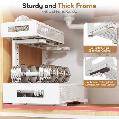 2-Pack Under Sink Storage Organizer, Large 2-Tier Elegant Mesh Pull Out Shelf for Kitchen and Bathroom Cabinet Organization, L-Shaped and Adjustable Height Design for Maximum Space Efficiency-White