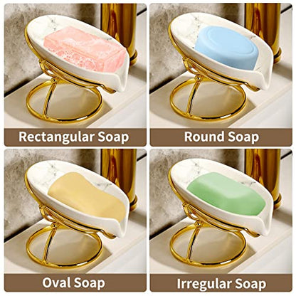 Dobbyby Leaf-Shaped Ceramic Soap Dish with Drain, Holder, Saver, Tray, Bar Soap Holder, Easy Cleaning, for Shower Bathroom Kitchen Sink Bathtub, Pro-Environment White