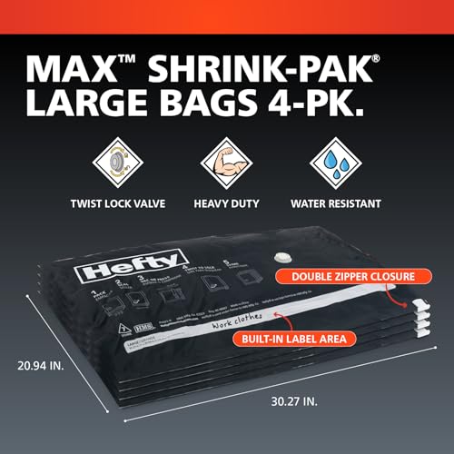 Hefty MAX Shrink-Pak Vacuum Seal Storage Bags for Clothing, Travel, Bedding | Tear & Water Resistant, Dual-Valve Space Saver Compression Bags - Large, 4-Pack