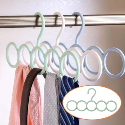 Coshar 5 Pack Scarf Hanger Holder (2 White+ 3 Green) | Scarf Storage Organizer for Ties Belts Socks, Ring Hole Slots for Space Saving, Multiple Purpose Tie Belt Rack Organizer