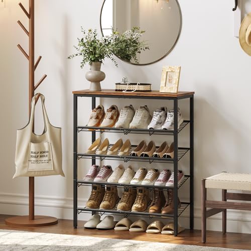 Nunsino Shoe Rack for Closet,5 Tier Shoe Organizer for Entryway,Shoe Shelf with Storage Shelves and Spacious Top,Max Holds 20 of Shoes,Rustic Brown