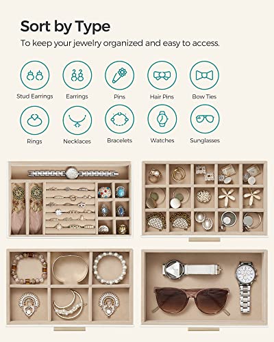 SONGMICS GISELLA Collection - Jewelry Box with Glass Lid, 4-Layer Jewelry Organizer, 3 Drawers, for Sunglasses, Big Jewelry, Jewelry Storage, Modern Style, Cloud White and Gold Colour UJBC161W01