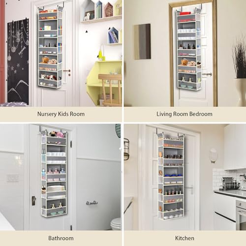 Over The Door Organizer 5-Shelves and 10 Side Pockets, Over The Door Storage for Bathroom Bedroom Nursery, Hanging Door Organizer for Baby Diapers and Kids Toys (13"x5"x44", Grey)