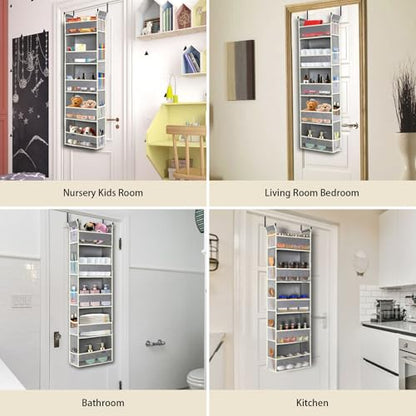 Over The Door Organizer 5-Shelves and 10 Side Pockets, Over The Door Storage for Bathroom Bedroom Nursery, Hanging Door Organizer for Baby Diapers and Kids Toys (13"x5"x44", Grey)