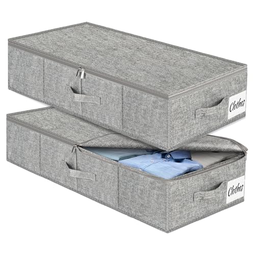 Under Bed Storage Container Bins 2 Pack, Low Profile Foldable Underbed Clothes Storage Organizer W/ Ultra Thick Fabric and Sturdy Bottom/Sides, Dual Zipper Storage Box for Dorm and Home 30x16x6.7"