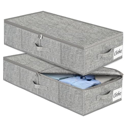 Under Bed Storage Container Bins 2 Pack, Low Profile Foldable Underbed Clothes Storage Organizer W/ Ultra Thick Fabric and Sturdy Bottom/Sides, Dual Zipper Storage Box for Dorm and Home 30x16x6.7"