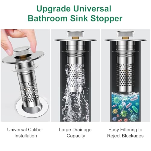 Bathroom Sink Drain Strainer,Universal Pop-Up Sink Stopper Hair Catcher, Anti-Clog Stainless Steel Drain Filter Basket, Removable Sink Drain for Bathroom Sink Stopper