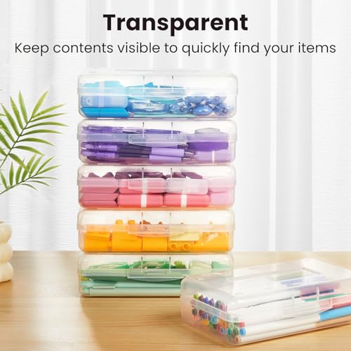 Sooez Plastic Pencil Case Box 6 Pack, Large Crayon Maker Pen Organizer | Plastic Containers with Snap Lids, Stackable Craft Storage Boxes Bulk, School Supplies Art Box for Bead, Clear